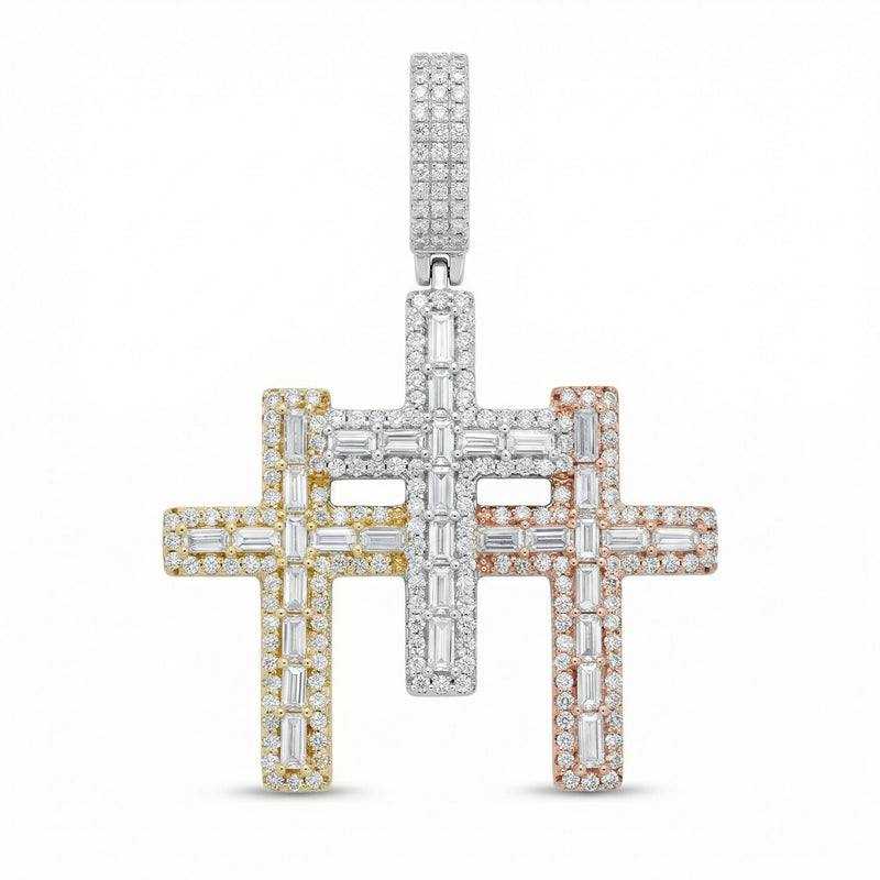 Triple Tone Emerald Cut Cross Pendant